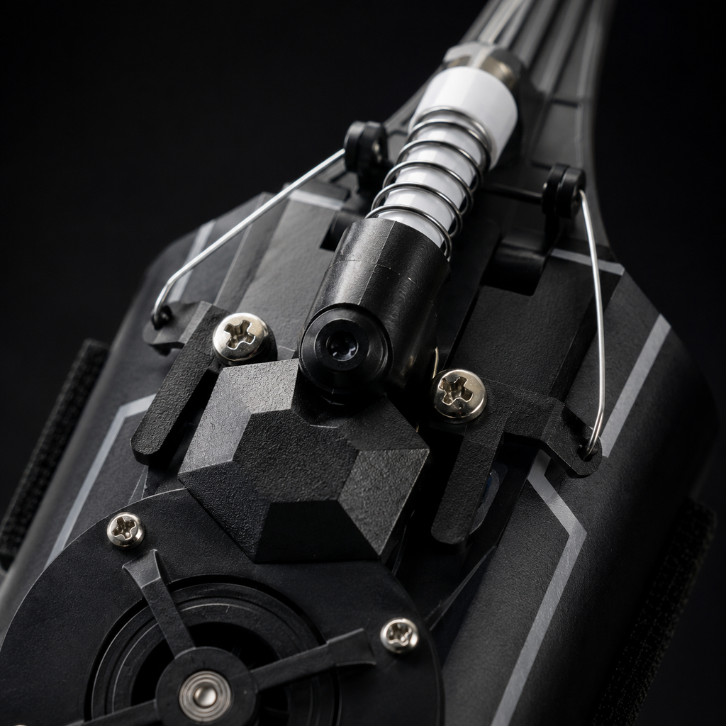Close-up detail of black mechanical web shooter with spring mechanism, screws and textured components