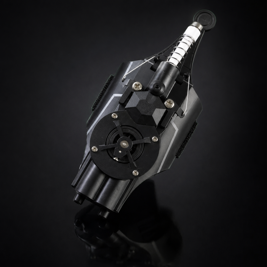 Black mechanical web shooter collectible shown at an angled front view on a dark studio background