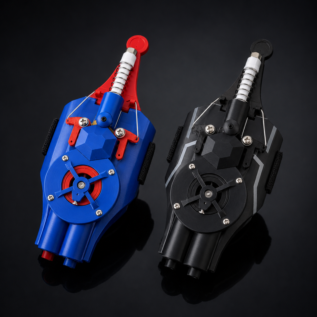 Red and blue and black mechanical web shooter variants displayed side by side on a dark background