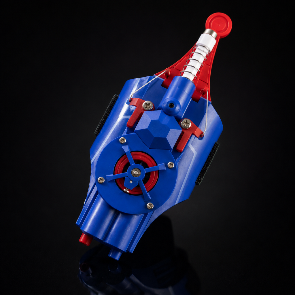 Red and blue mechanical web shooter collectible shown at an angled front view on a dark studio background