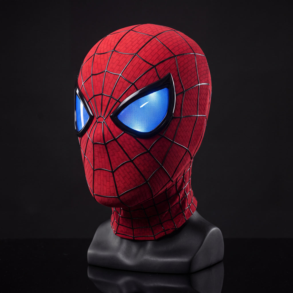 Electronic moving eyes cosplay mask displayed at a three-quarter angle with both eye lenses illuminated blue