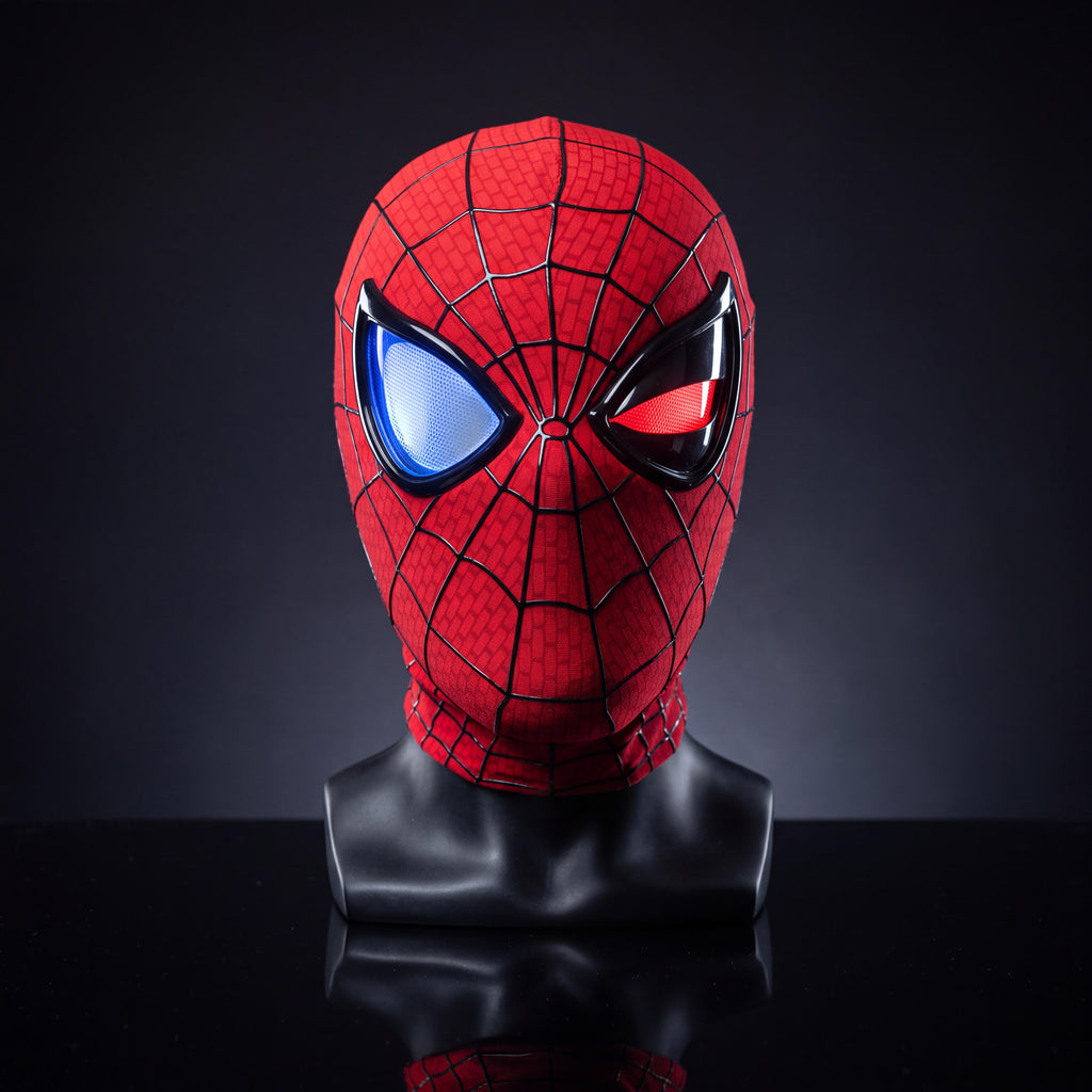 Electronic moving eyes cosplay mask shown from the front with one red illuminated eye and one blue illuminated eye