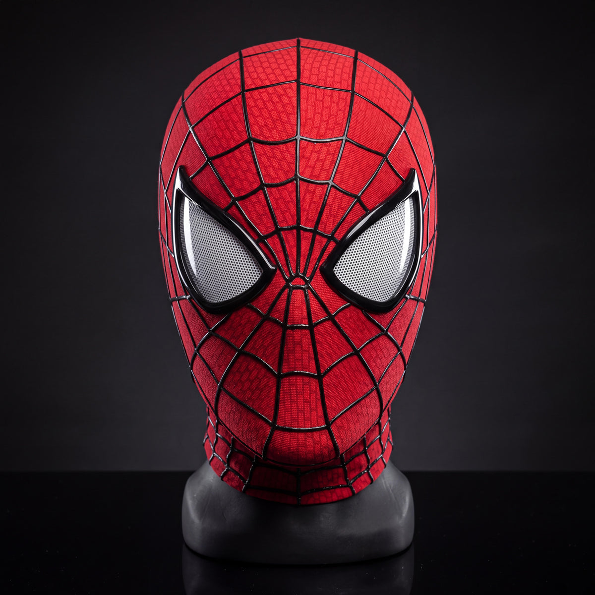 Electronic moving eyes cosplay mask shown from the front with both eye lenses white and unlit